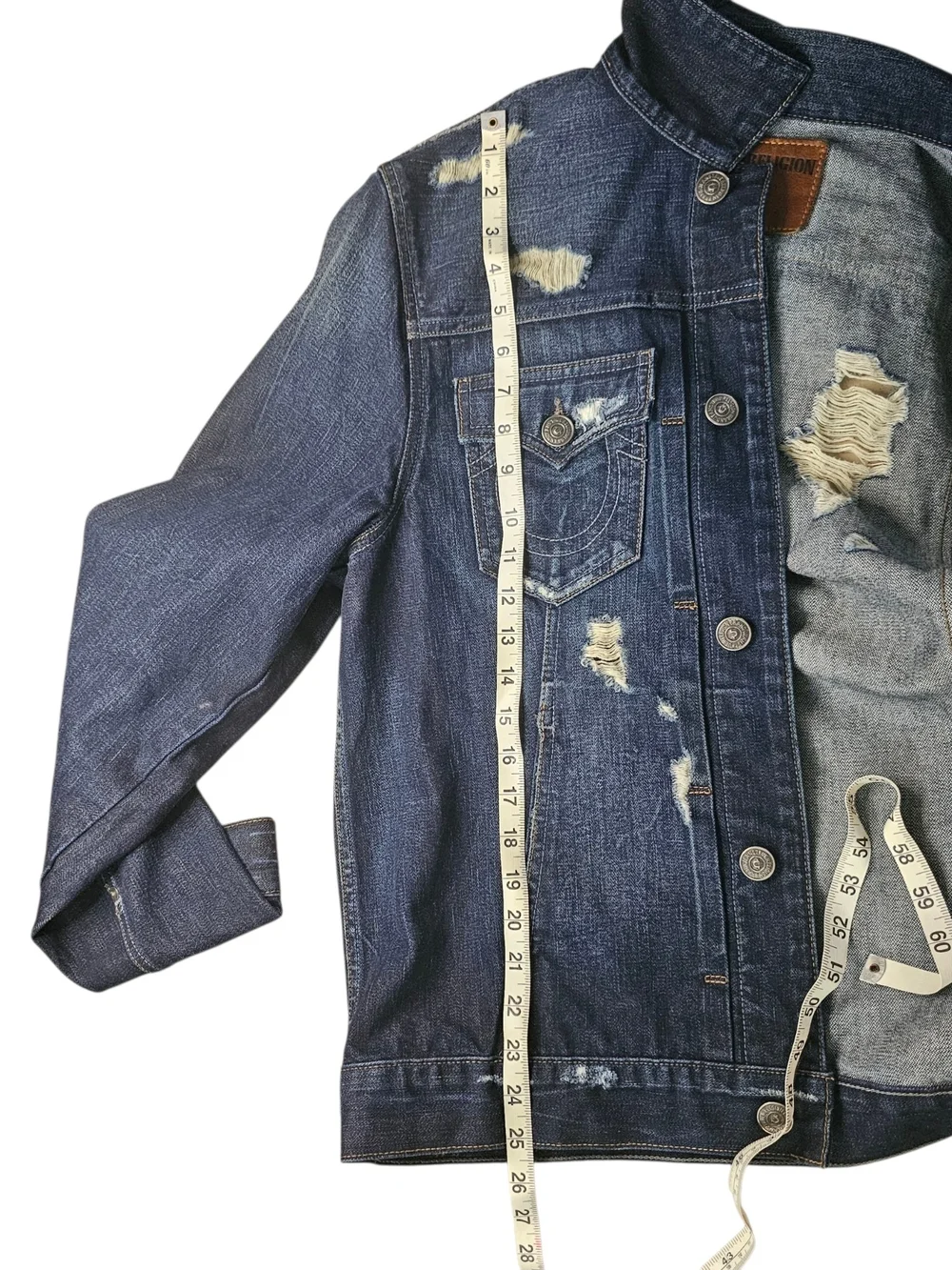True Religion Mens Dylan Jacket SE Denim Trucker Distressed Dark Wash Blue Sz XL